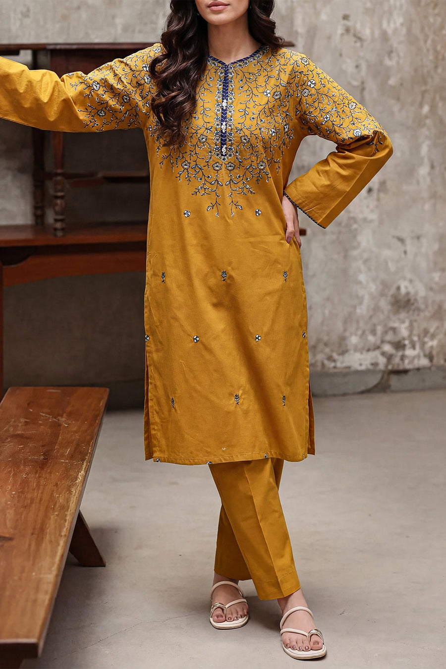 Solid Embroidered Cambric Stitched 2 Piece (Shirt/Trouser) - Pehnaawaa