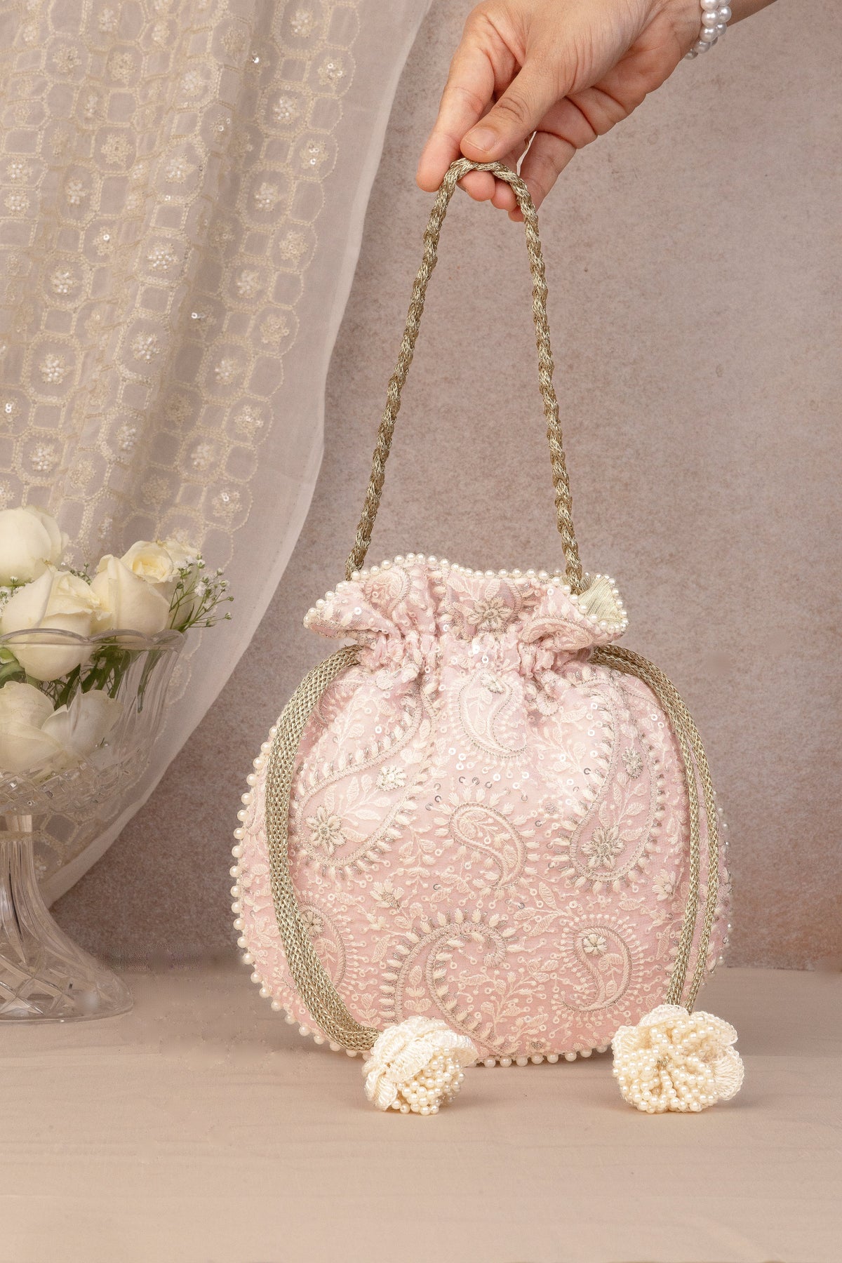 Embroidered Pink Potli Bag with Pearls