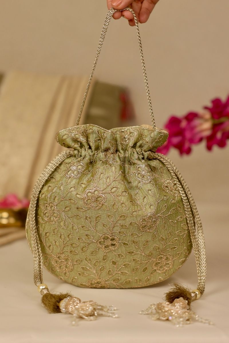 Green Potli Bag | Floral Embroidery