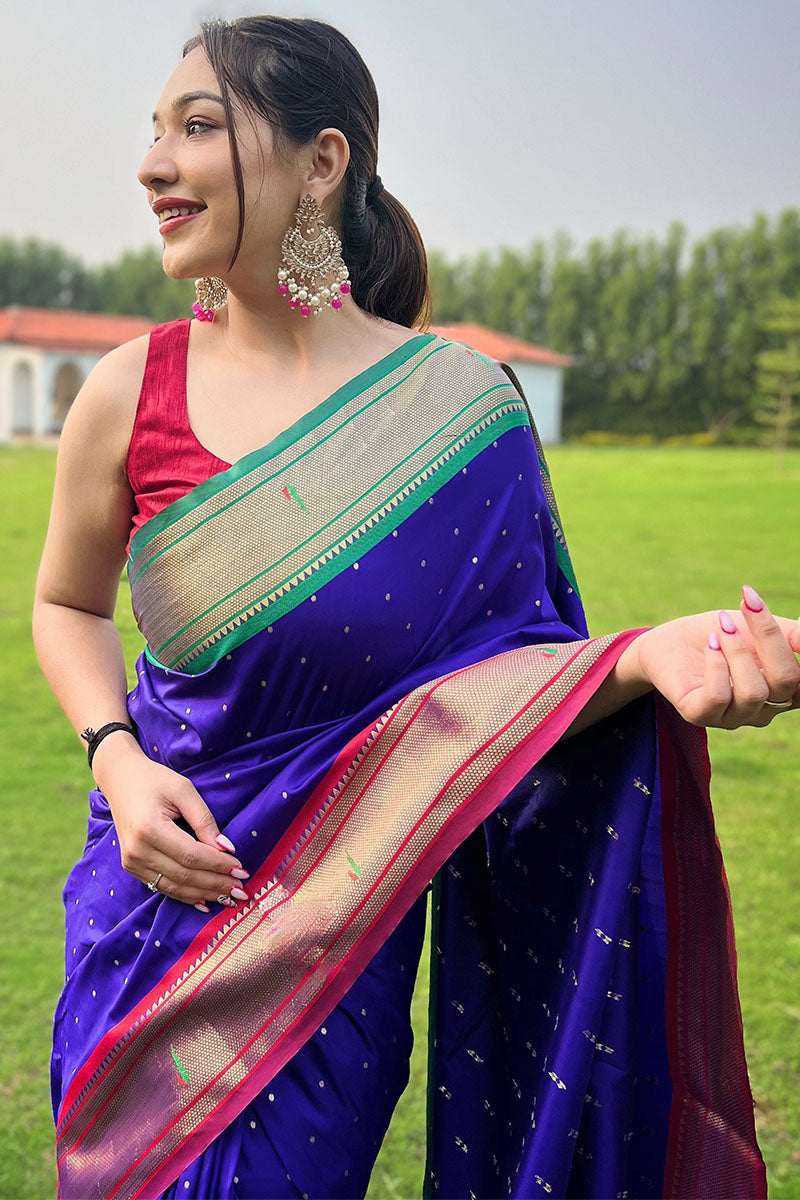 Incredible Royal Blue Paithani Silk Saree With Tempting Blouse Piece - Pehnaawaa