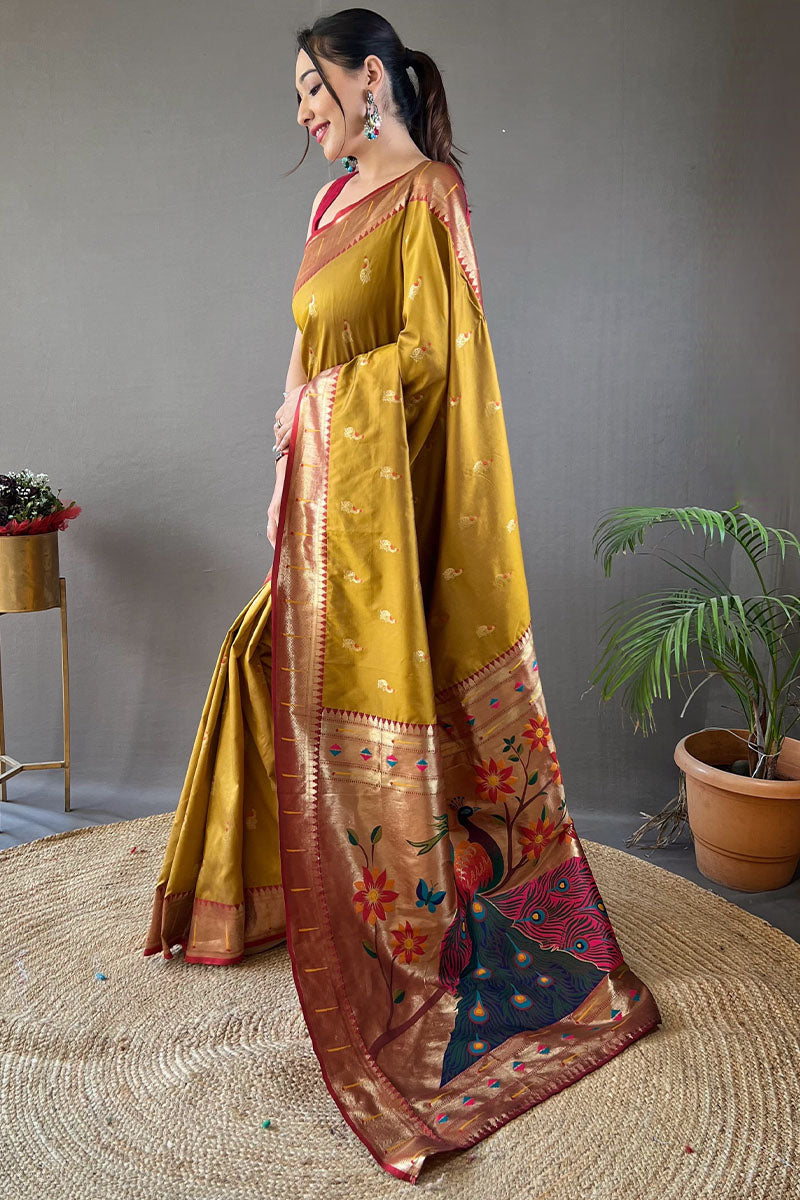 Flattering Mustard Paithani Silk Saree With Adorning Blouse Piece - Pehnaawaa