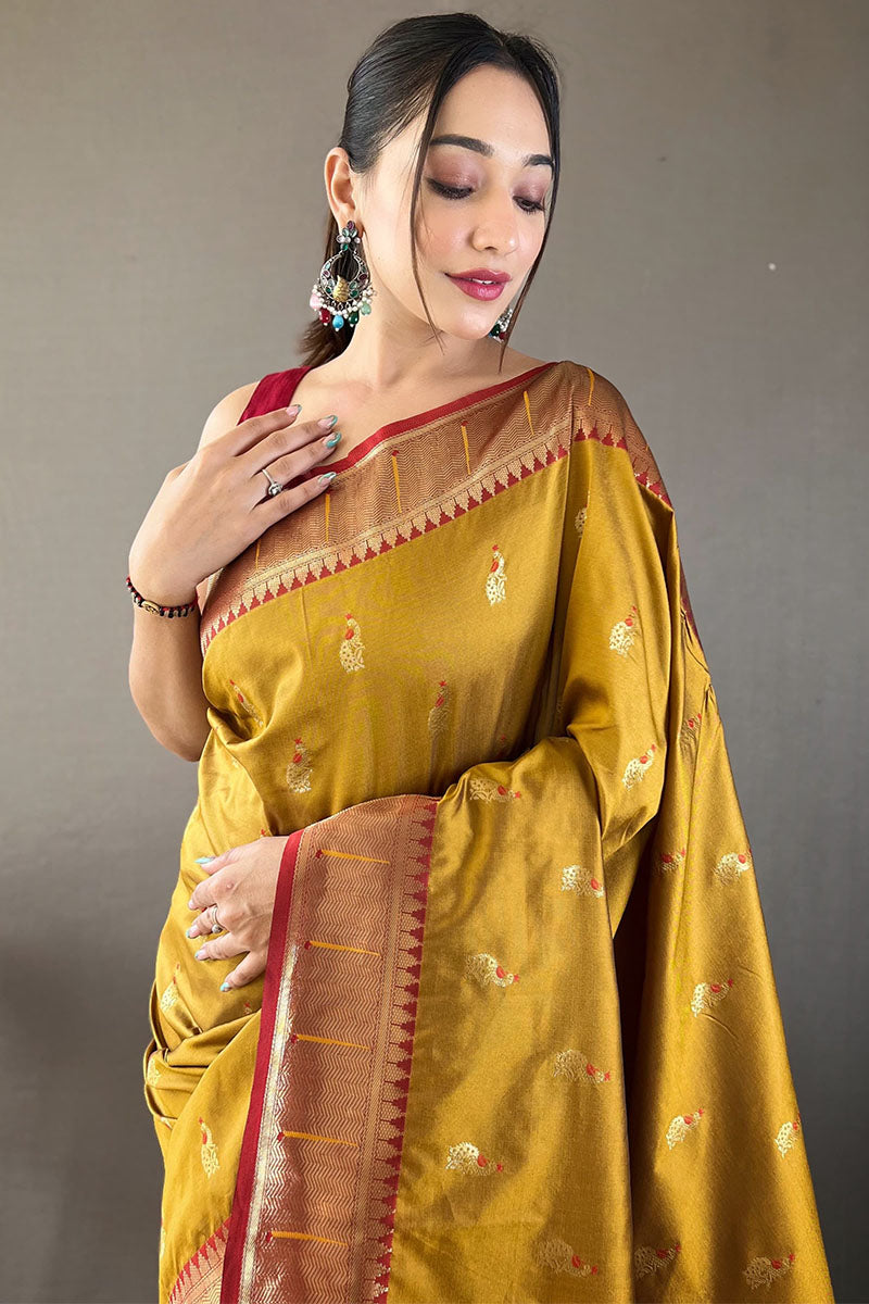 Flattering Mustard Paithani Silk Saree With Adorning Blouse Piece - Pehnaawaa