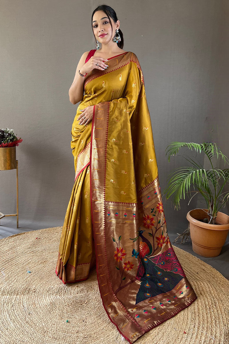 Flattering Mustard Paithani Silk Saree With Adorning Blouse Piece - Pehnaawaa