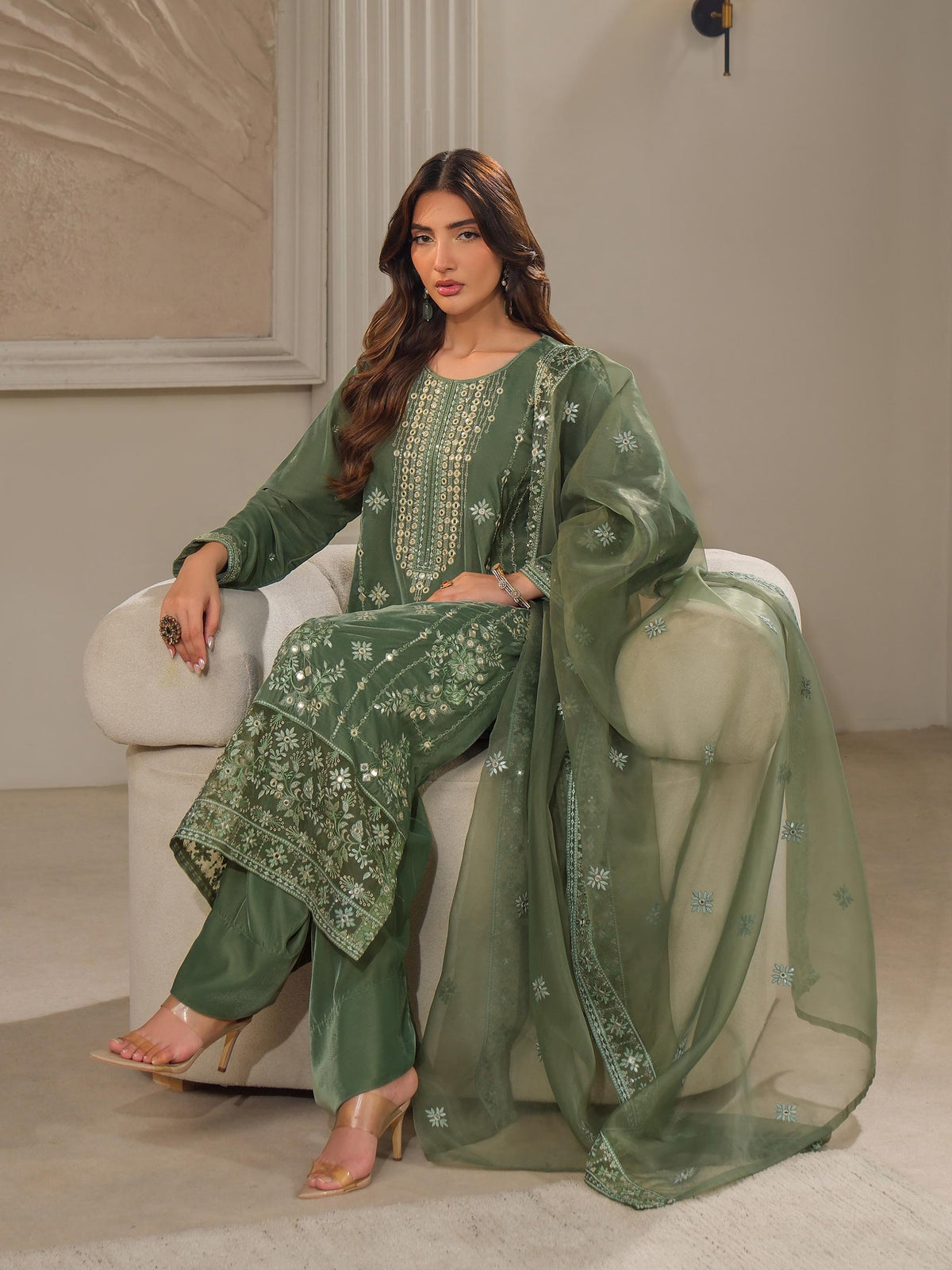 Sage Green Velvet 3-Piece Suit | Resham Embroidery