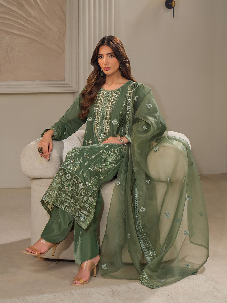 3 Piece Velvet Suit-Embroidered (Unstitched) - Pehnaawaa