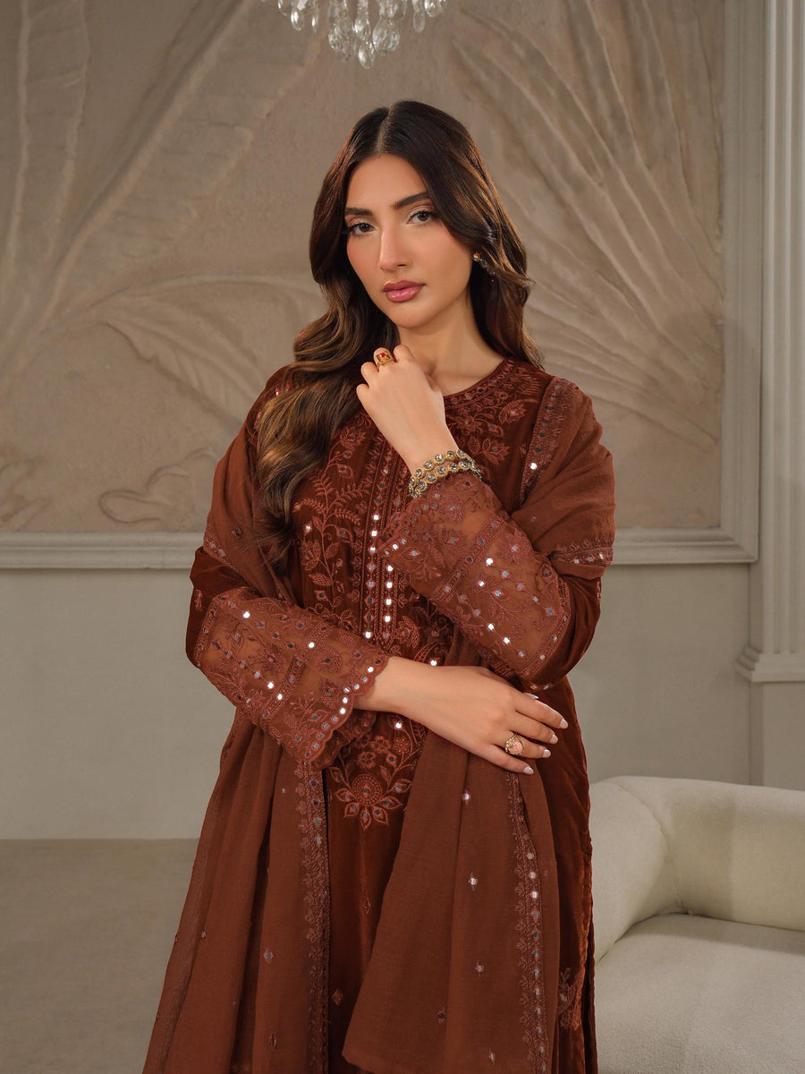 Rust Velvet 3-Piece Suit | Zardosi Embroidered - Pehnaawaa