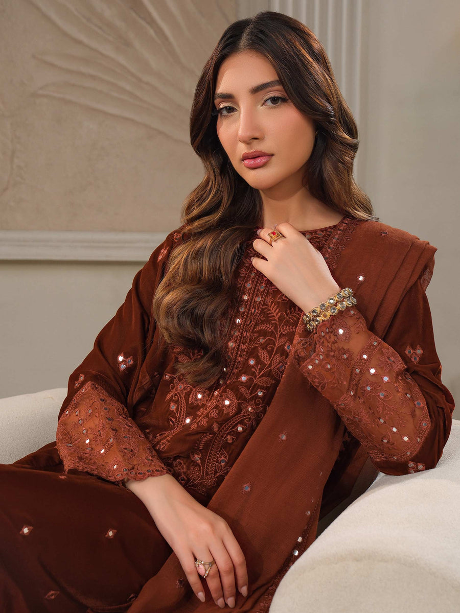 Rust Velvet 3-Piece Suit | Zardosi Embroidered - Pehnaawaa