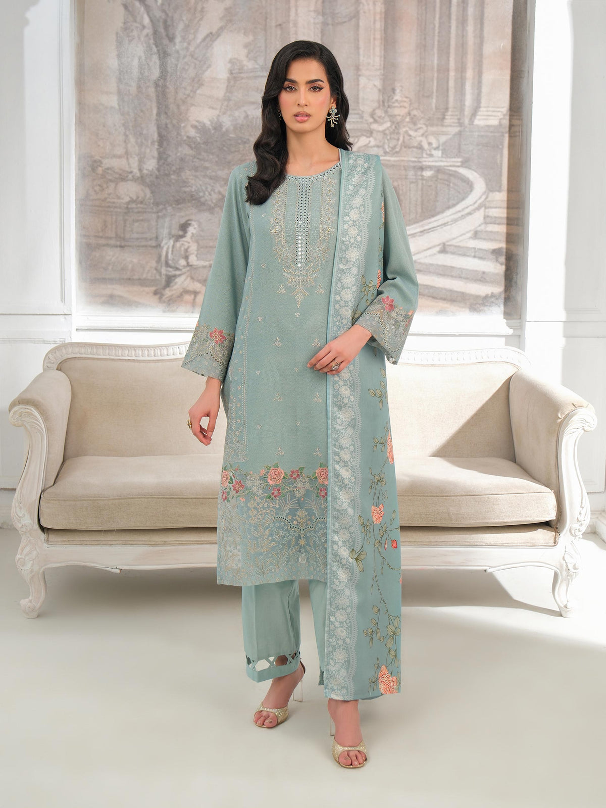 Sage Green Karandi 3-Piece Suit | Zari Embroidery