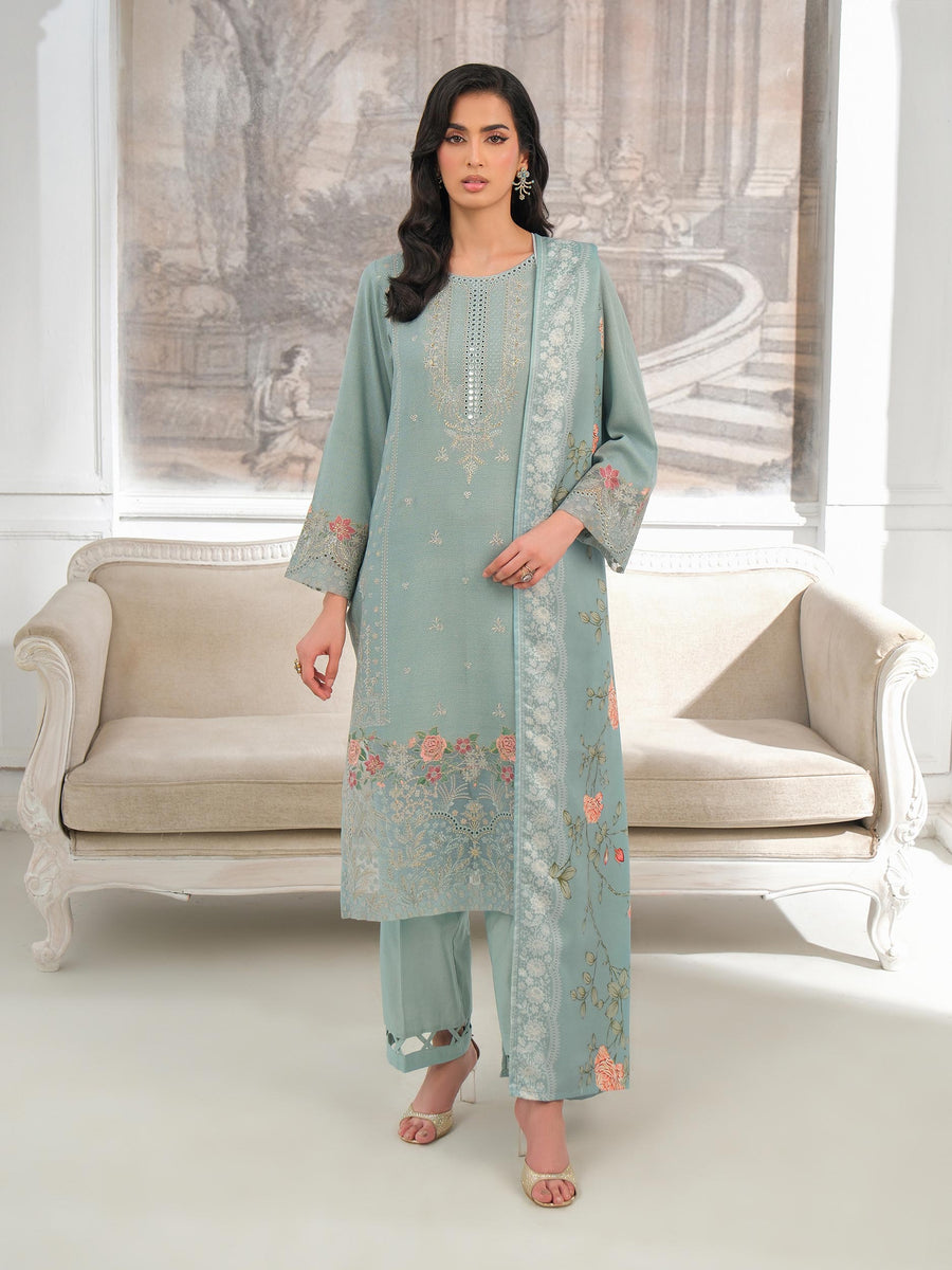 Sage Green Karandi 3-Piece Suit | Zari Embroidery