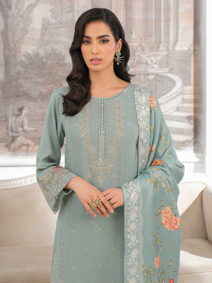 Sage Green Karandi 3-Piece Suit | Zari Embroidery