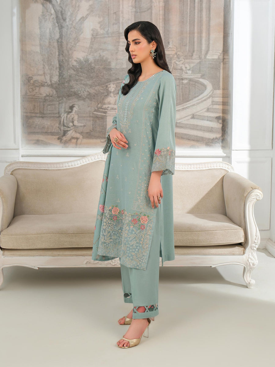 Sage Green Karandi 3-Piece Suit | Zari Embroidery