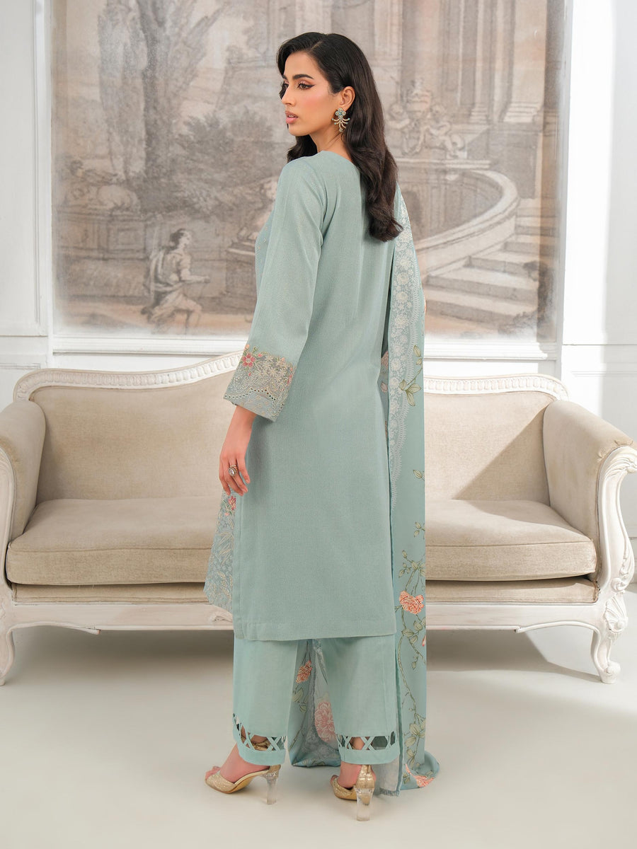 Sage Green Karandi 3-Piece Suit | Zari Embroidery