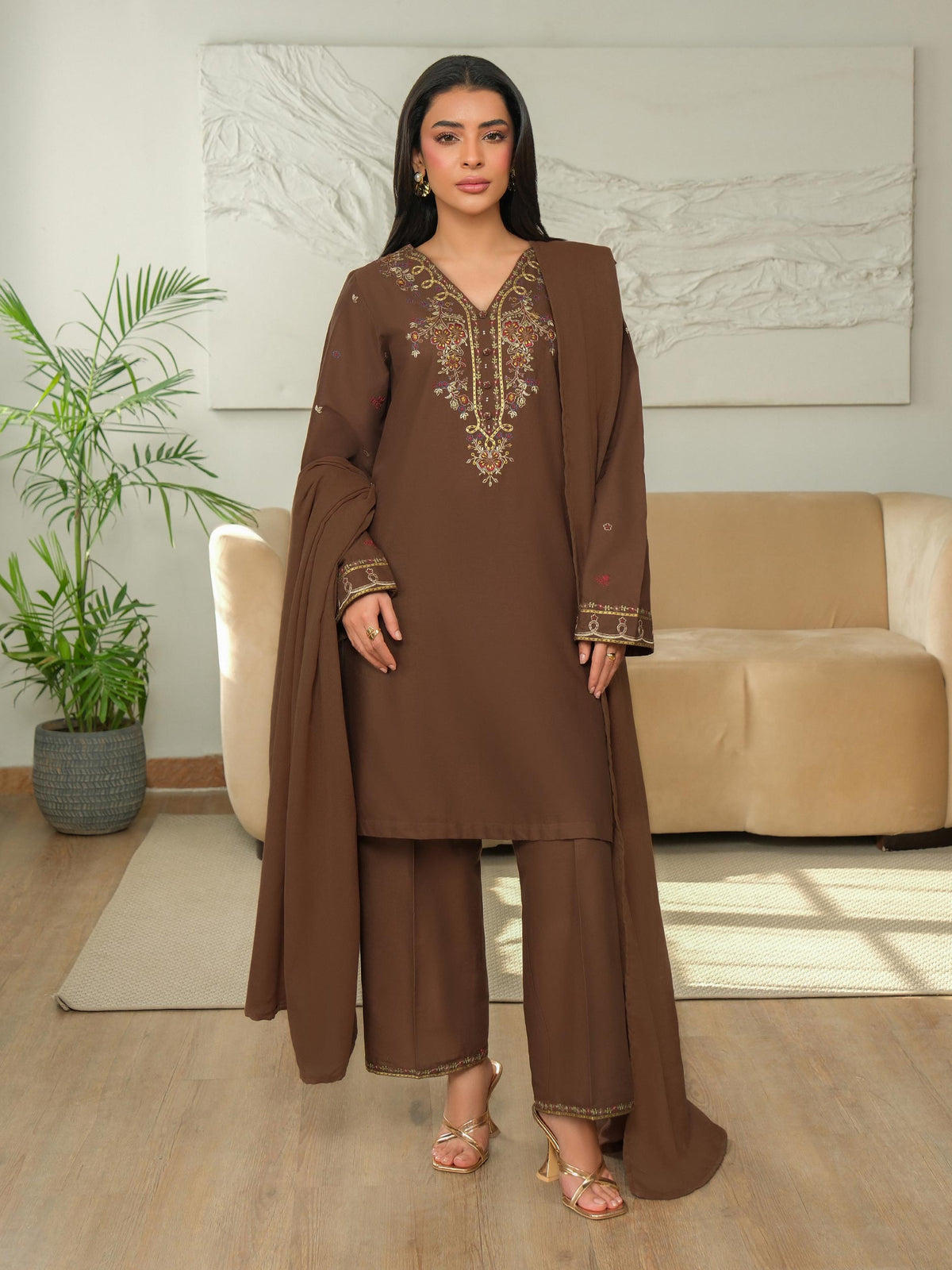 Chocolate Brown Khaddar 3-Piece Suit | Zardosi Neckline