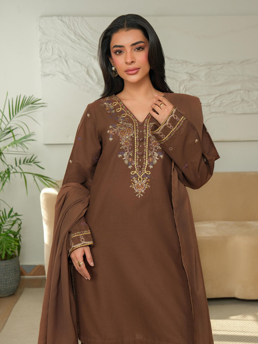 Chocolate Brown Khaddar 3-Piece Suit | Zardosi Neckline