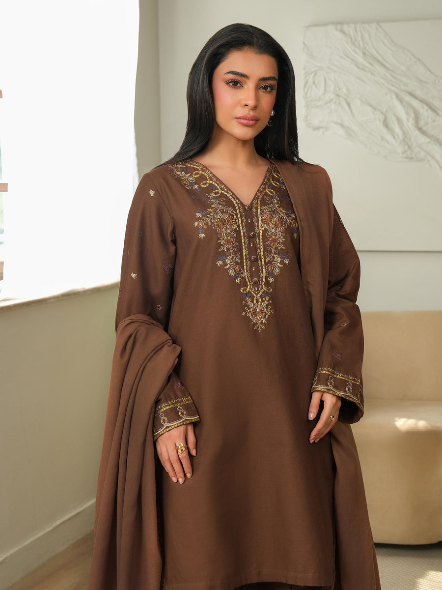 Chocolate Brown Khaddar 3-Piece Suit | Zardosi Neckline
