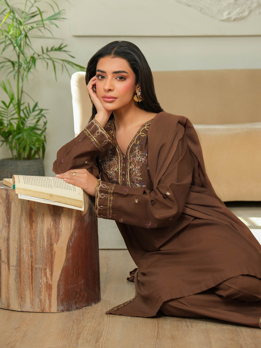 Chocolate Brown Khaddar 3-Piece Suit | Zardosi Neckline
