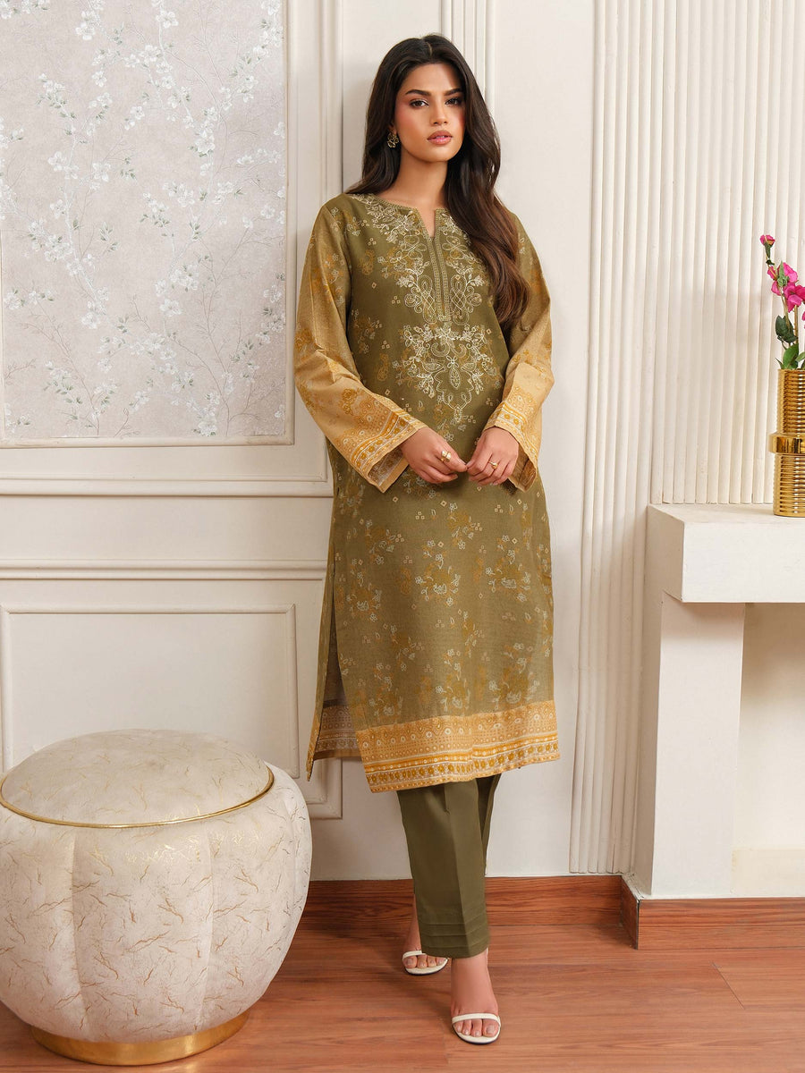 Olive Khaddar 2-Piece Suit | Resham Floral Embroidery