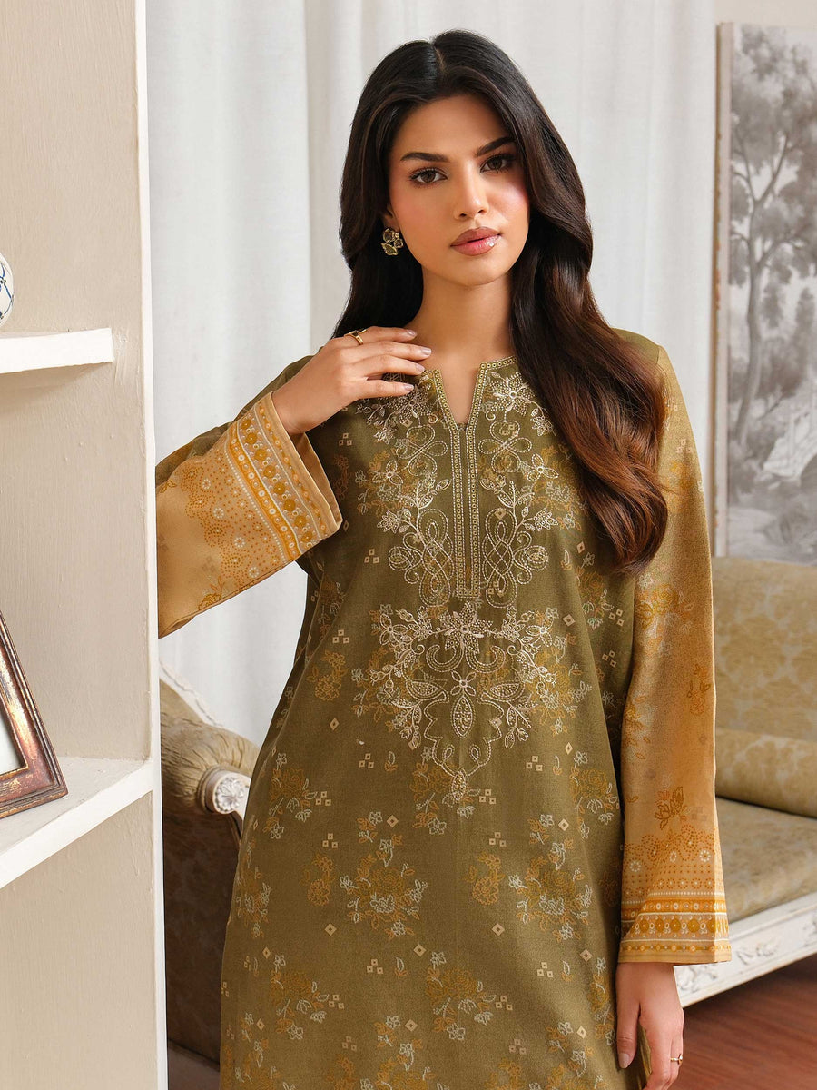 Olive Khaddar 2-Piece Suit | Resham Floral Embroidery