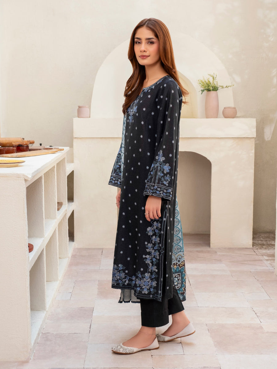 Slate Blue Khaddar 3-Piece Suit | Resham Floral Embroidery