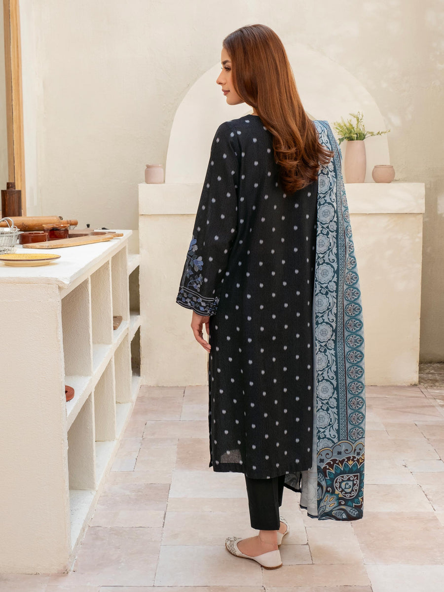 Slate Blue Khaddar 3-Piece Suit | Resham Floral Embroidery
