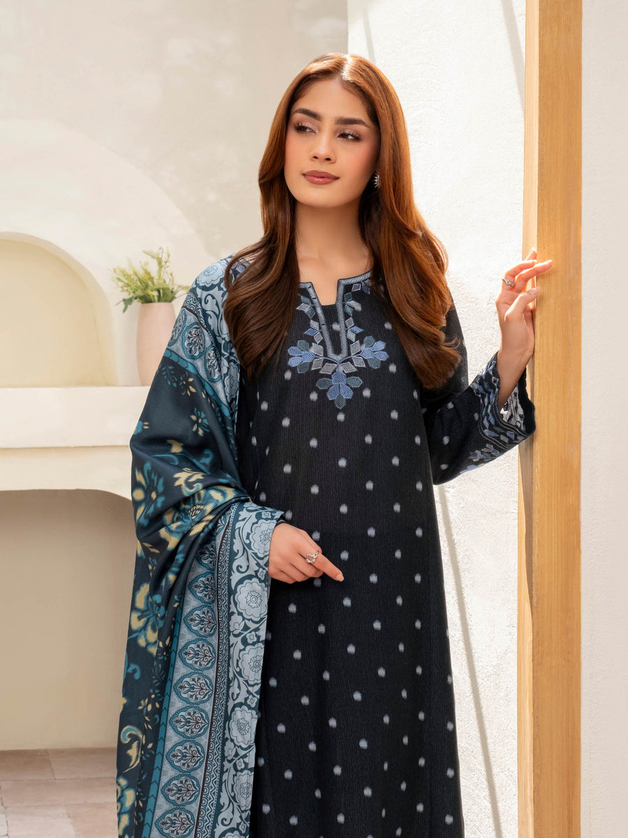 Slate Blue Khaddar 3-Piece Suit | Resham Floral Embroidery
