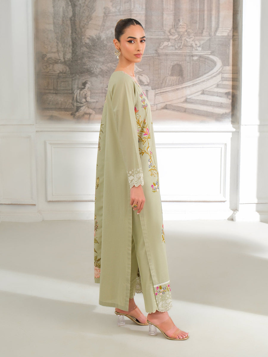 Sage Karandi 3-Piece Suit | Floral Embroidered Shirt
