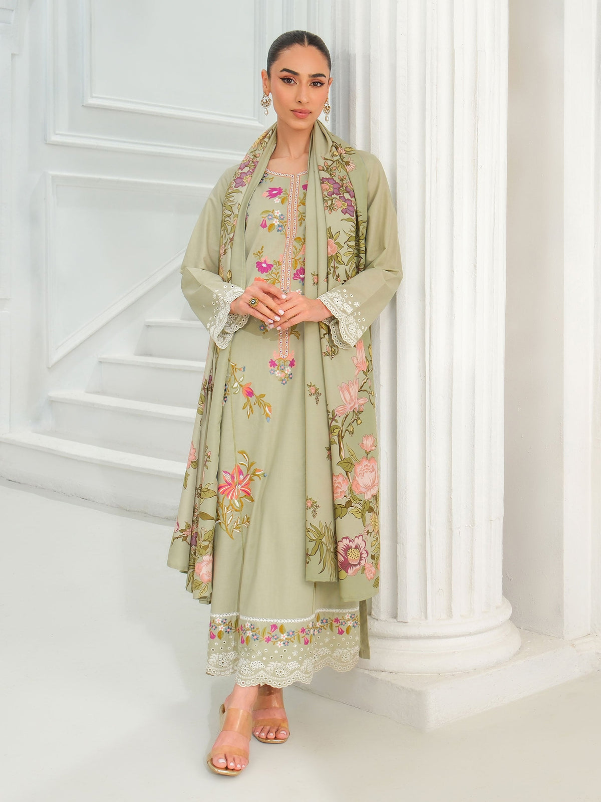 Sage Karandi 3-Piece Suit | Floral Embroidered Shirt