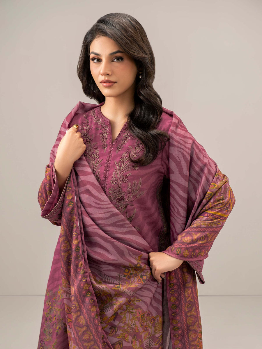 Mauve Slub Khaddar 3-Piece Suit | Resham Embroidery