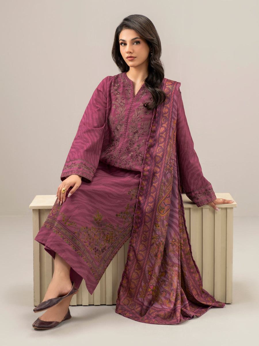 Mauve Slub Khaddar 3-Piece Suit | Resham Embroidery
