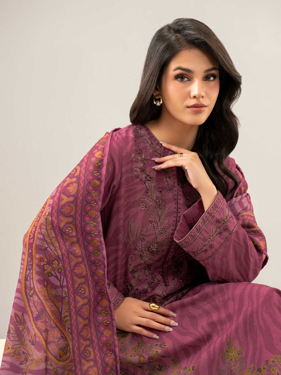 Mauve Slub Khaddar 3-Piece Suit | Resham Embroidery