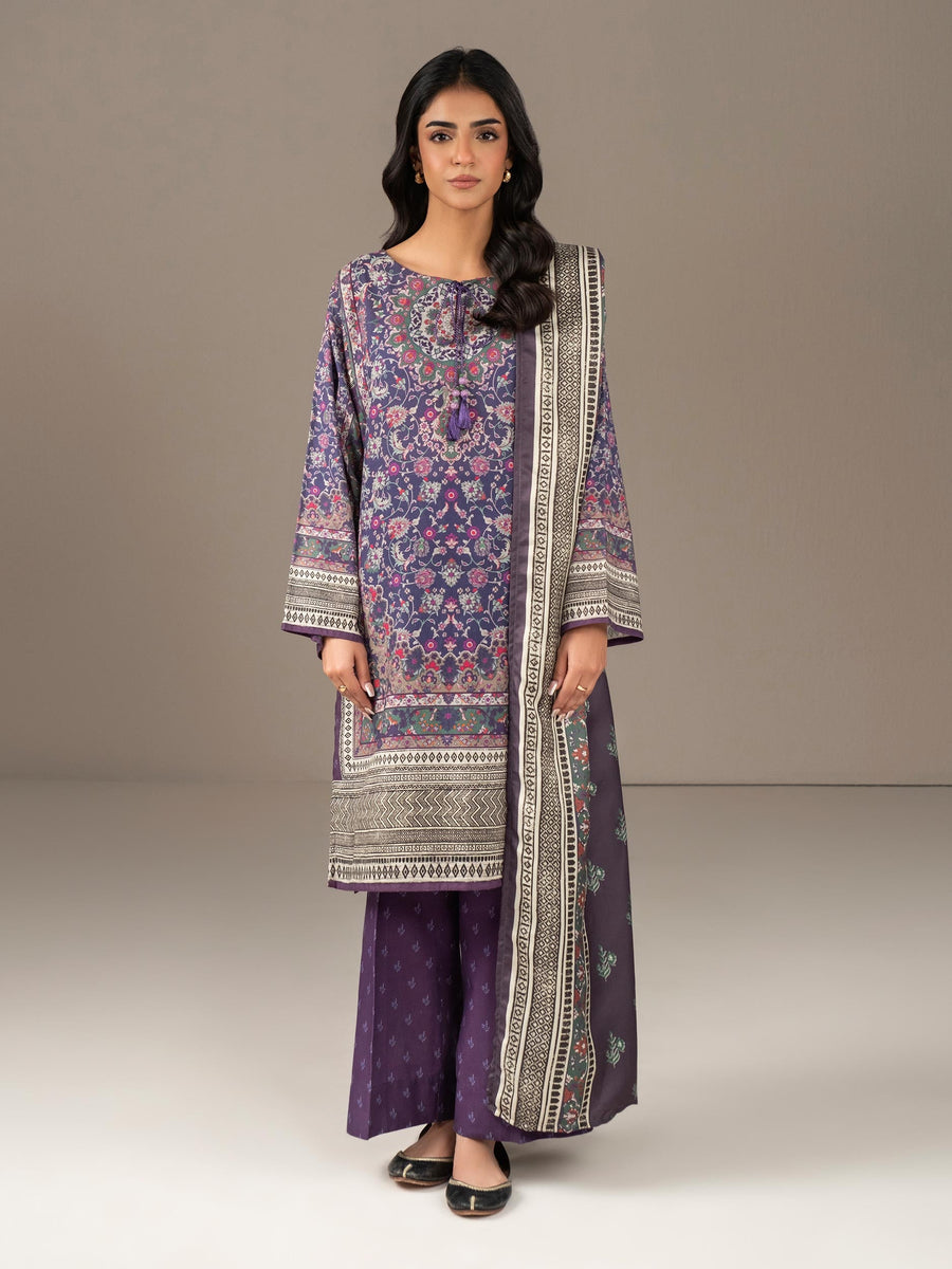 Plum Khaddar 3-Piece Suit | Floral Resham Embroidery