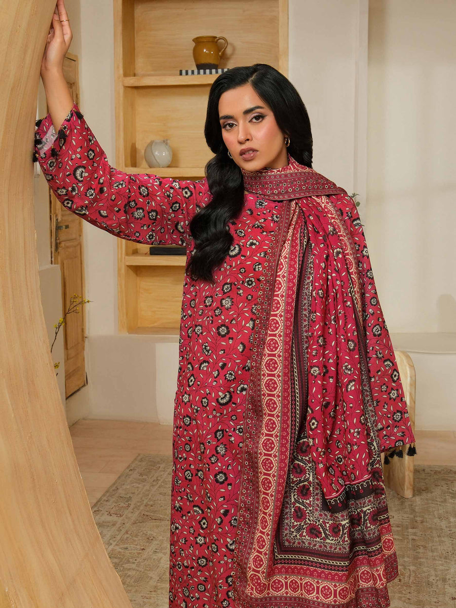 Maroon Khaddar 3-Piece Suit | Floral Motif