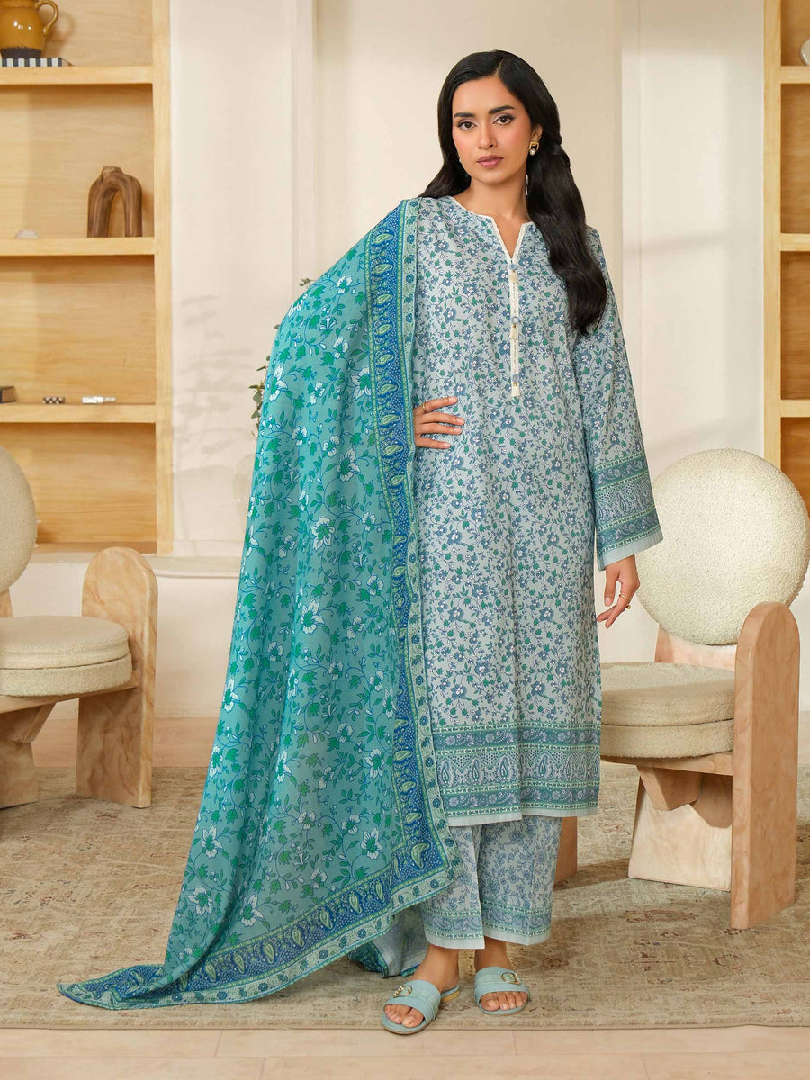 Teal Khaddar 3-Piece Suit | Floral Printed with Poly Wool Dupatta