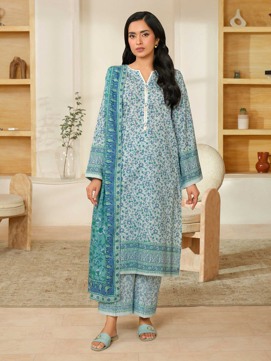 Teal Khaddar 3-Piece Suit | Floral Printed with Poly Wool Dupatta