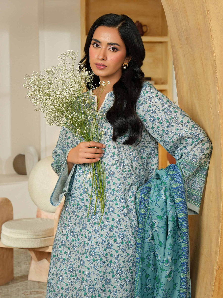 Teal Khaddar 3-Piece Suit | Floral Printed with Poly Wool Dupatta