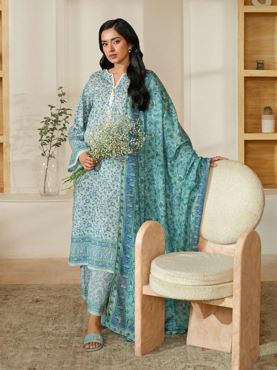 Teal Khaddar 3-Piece Suit | Floral Printed with Poly Wool Dupatta