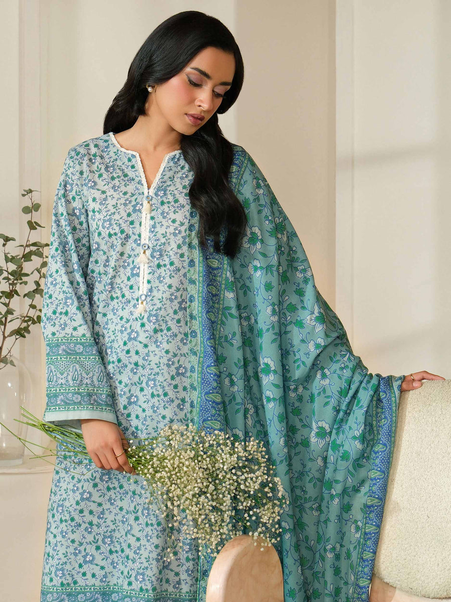 Teal Khaddar 3-Piece Suit | Floral Printed with Poly Wool Dupatta