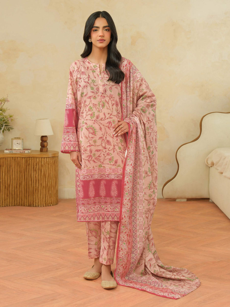 Tea Pink Khaddar 3-Piece Suit | Floral Resham Embroidery