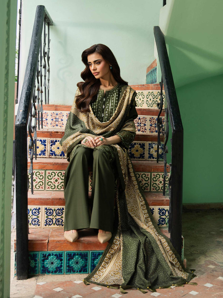 Sage Green Karandi 3-Piece Suit | Zardosi Neckline