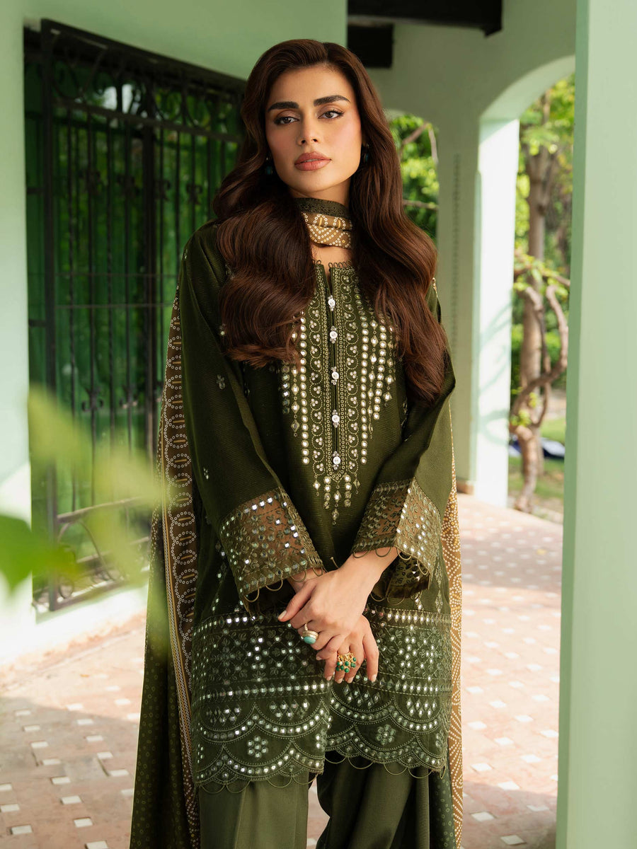 Sage Green Karandi 3-Piece Suit | Zardosi Neckline