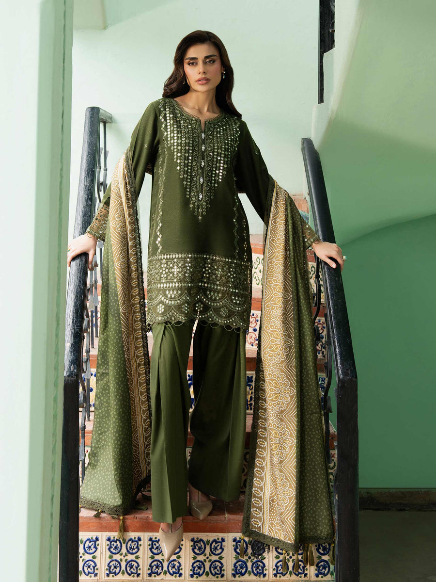 Sage Green Karandi 3-Piece Suit | Zardosi Neckline