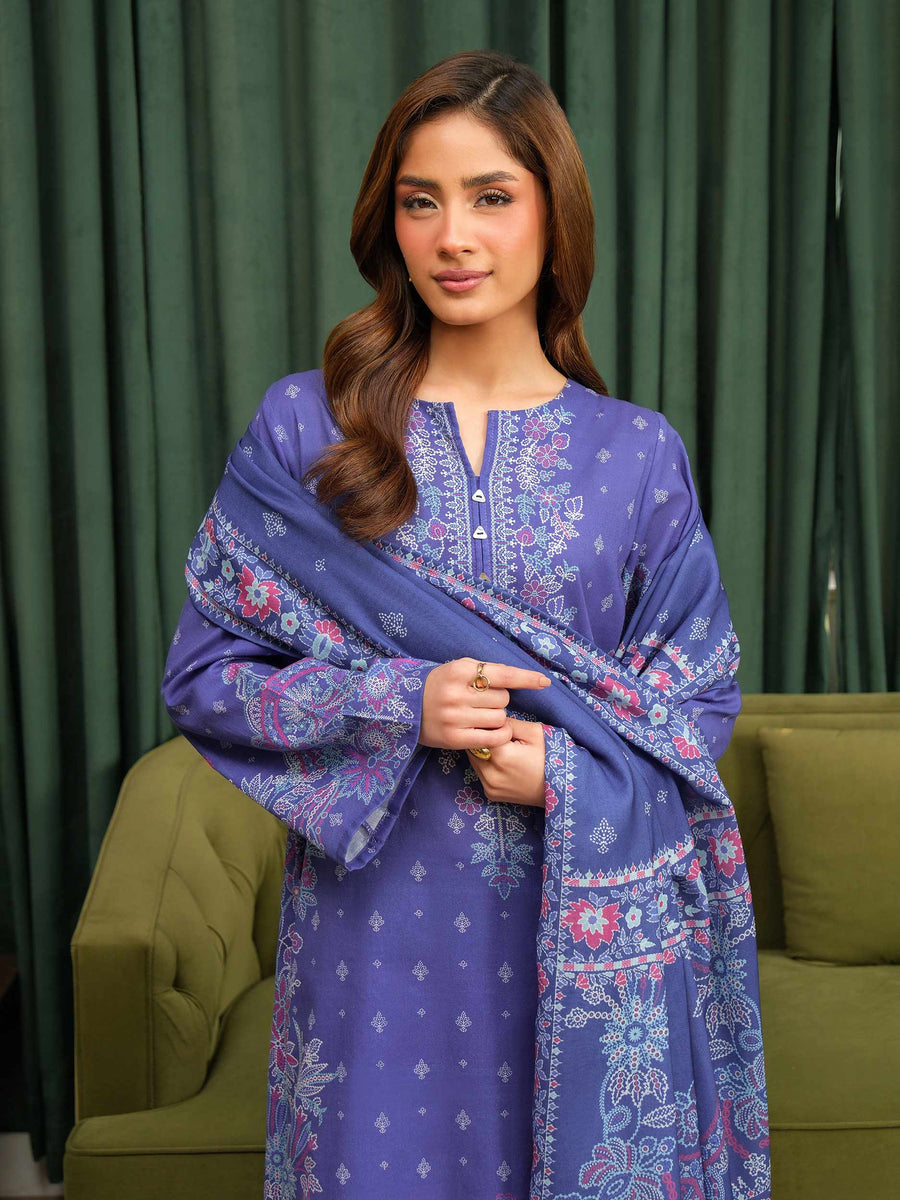 Plum Khaddar 3-Piece Suit | Resham Floral Border
