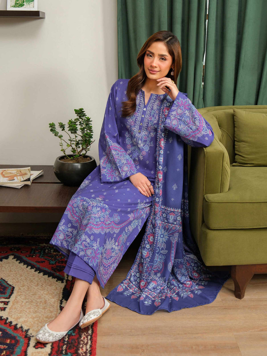 Plum Khaddar 3-Piece Suit | Resham Floral Border