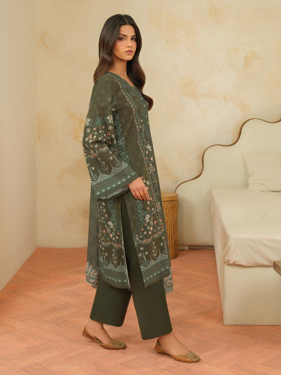 Sage Green Khaddar 3-Piece Suit | Floral Resham Embroidery