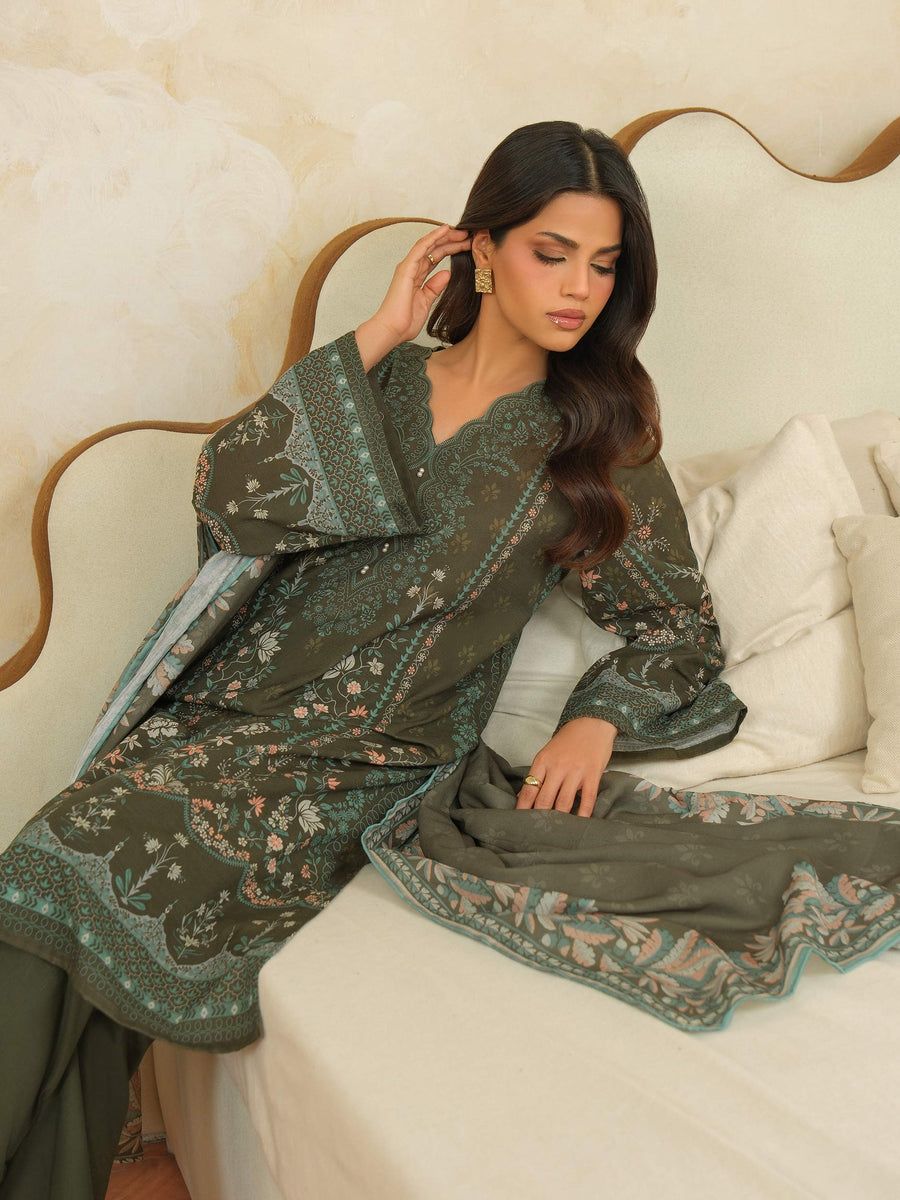 Sage Green Khaddar 3-Piece Suit | Floral Resham Embroidery