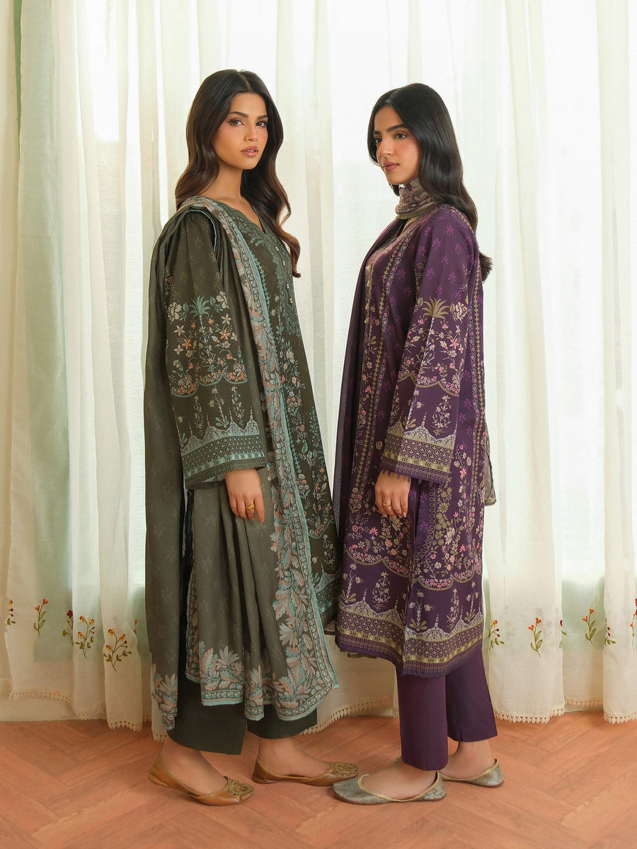 Sage Green Khaddar 3-Piece Suit | Floral Resham Embroidery