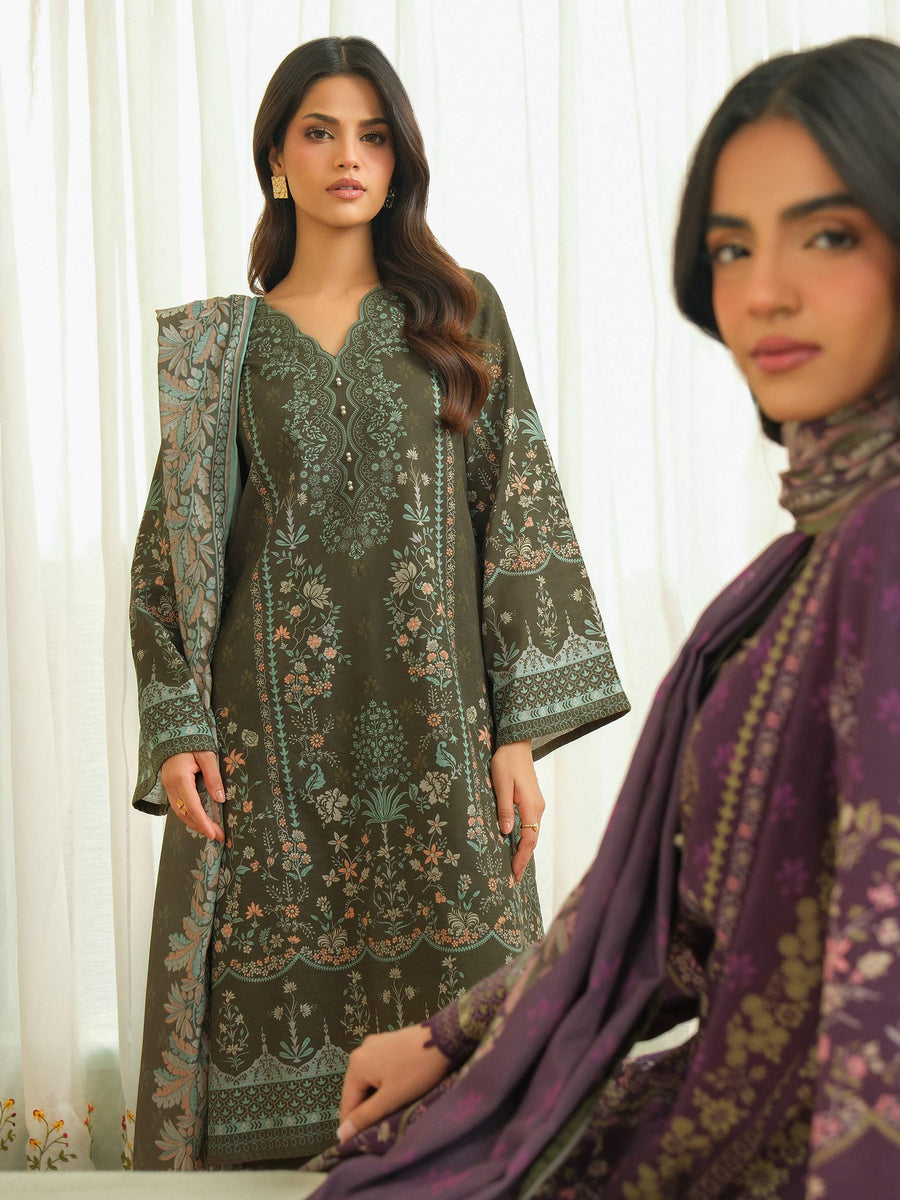 Sage Green Khaddar 3-Piece Suit | Floral Resham Embroidery