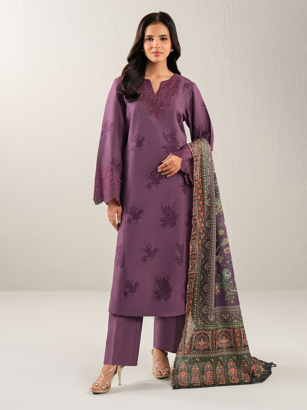 Plum Khaddar 3-Piece Suit | Resham Embroidered Neckline
