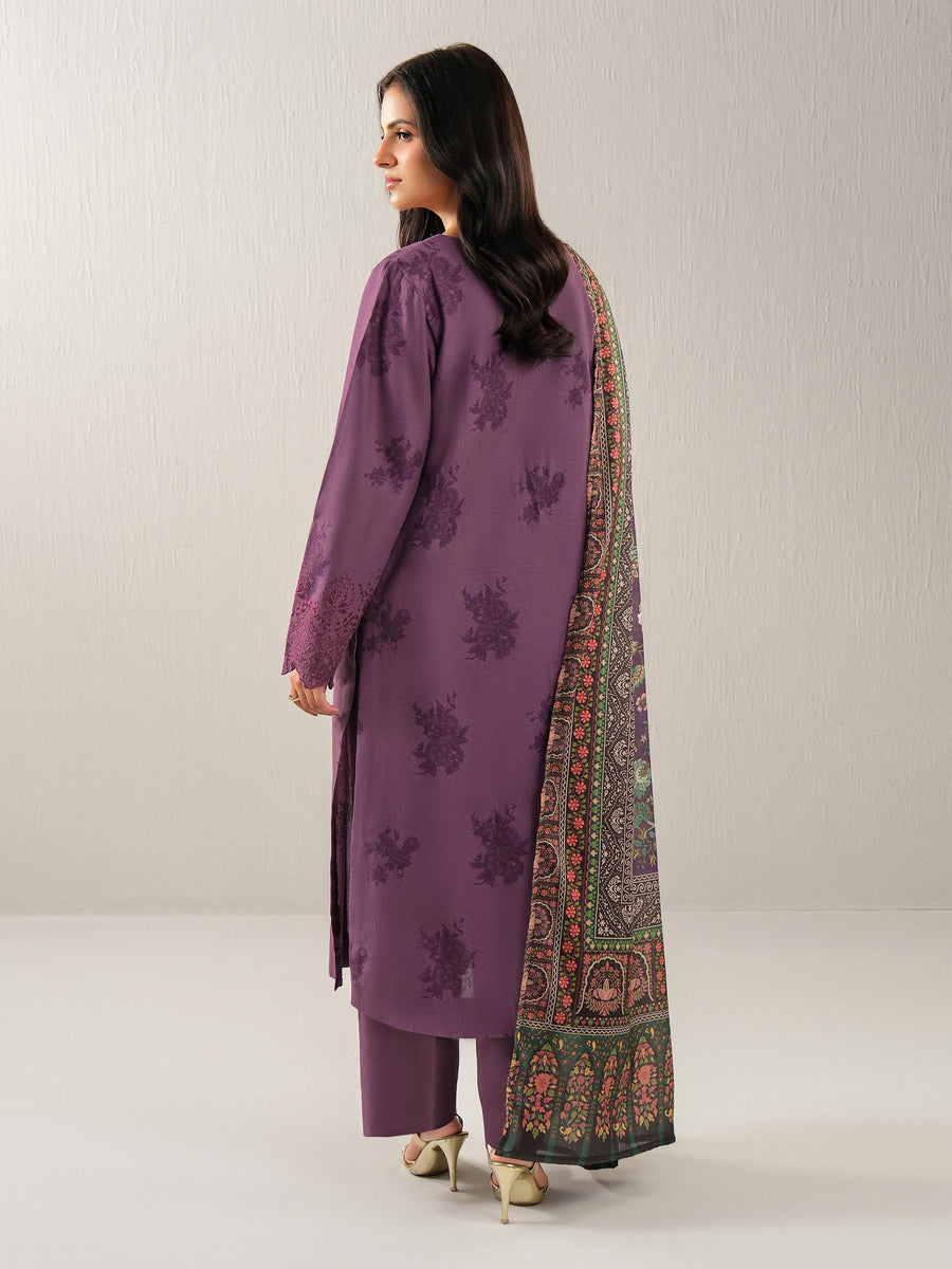 Plum Khaddar 3-Piece Suit | Resham Embroidered Neckline