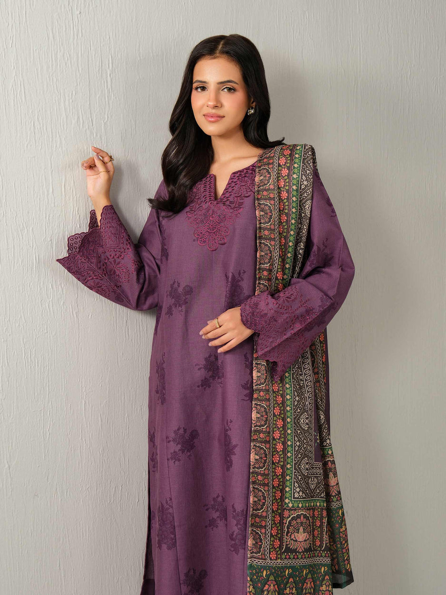 Plum Khaddar 3-Piece Suit | Resham Embroidered Neckline